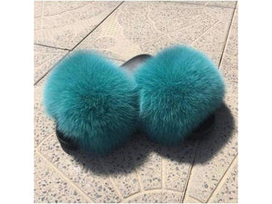 Turquoise Fur Slides - Sherrato